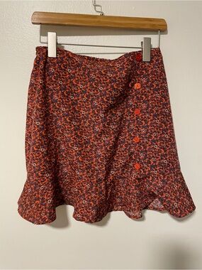 BOG Collective Floral Ruffle Hem‎ Skirt Terracotta Orange Button Accent Medium